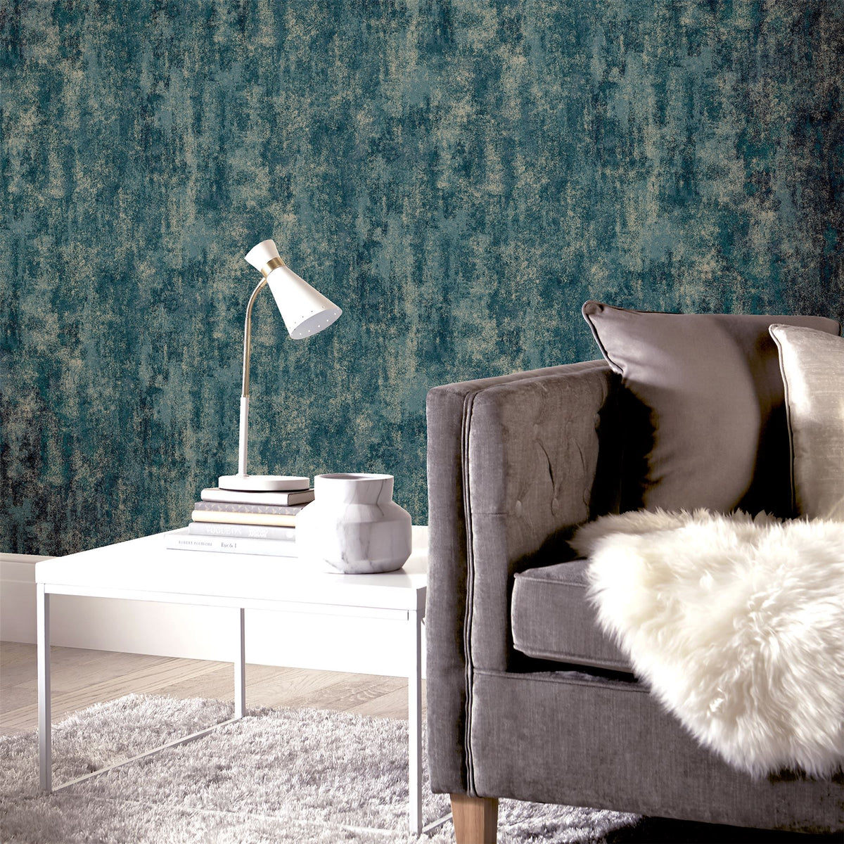 Arthouse Stone Textures Wallpaper – Rough Stone Effect with Metallic Highlights, Emerald Green & Gold