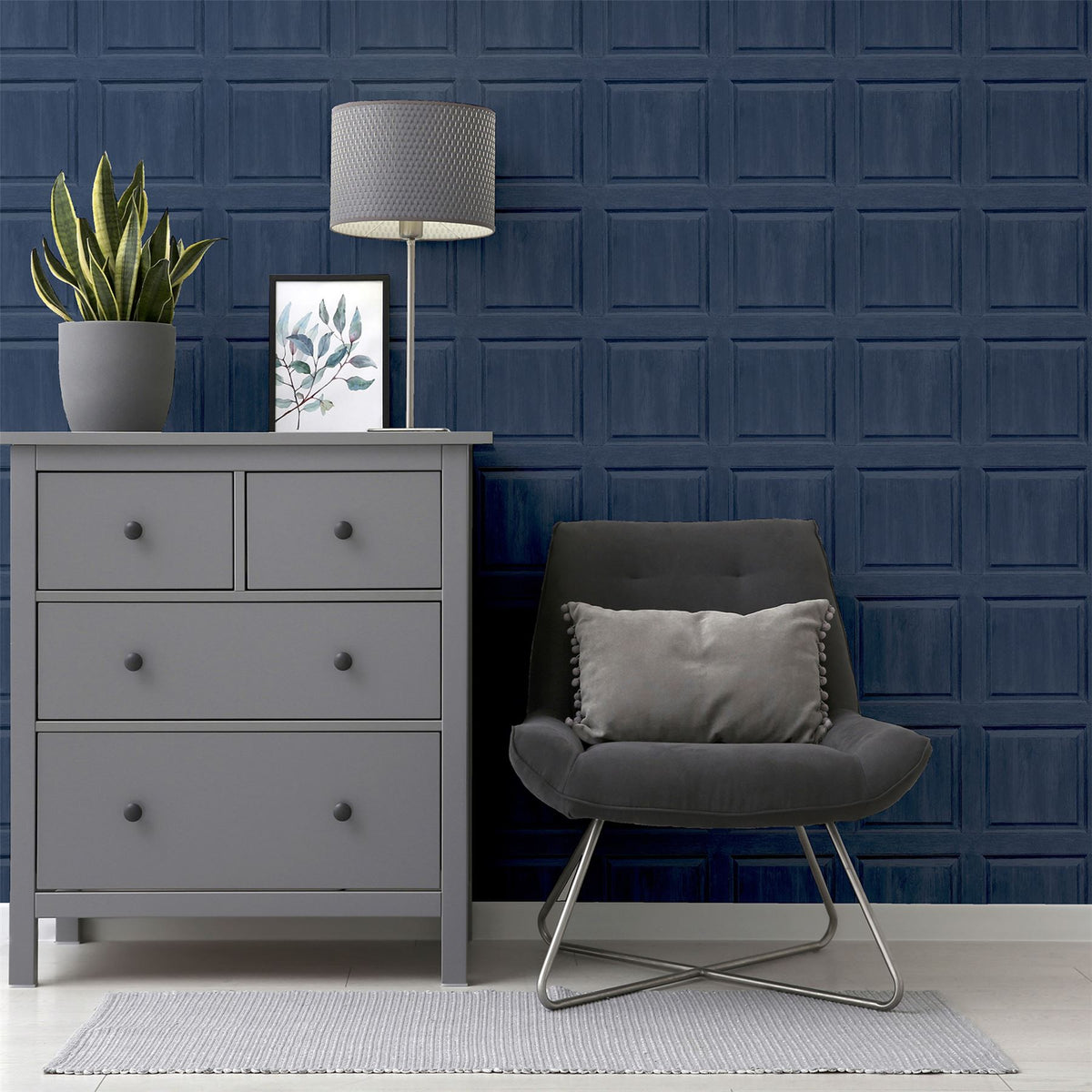 Arthouse Washed Panel Wallpaper – Navy Faux Panelling Effect with Visible Wood Grain, Feature Wall or Room