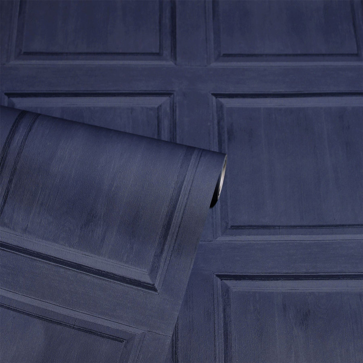 Arthouse Washed Panel Wallpaper – Navy Faux Panelling Effect with Visible Wood Grain, Feature Wall or Room