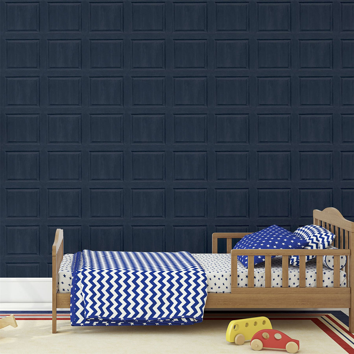Arthouse Washed Panel Wallpaper – Navy Faux Panelling Effect with Visible Wood Grain, Feature Wall or Room