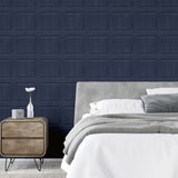 Arthouse Washed Panel Wallpaper – Navy Faux Panelling Effect with Visible Wood Grain, Feature Wall or Room