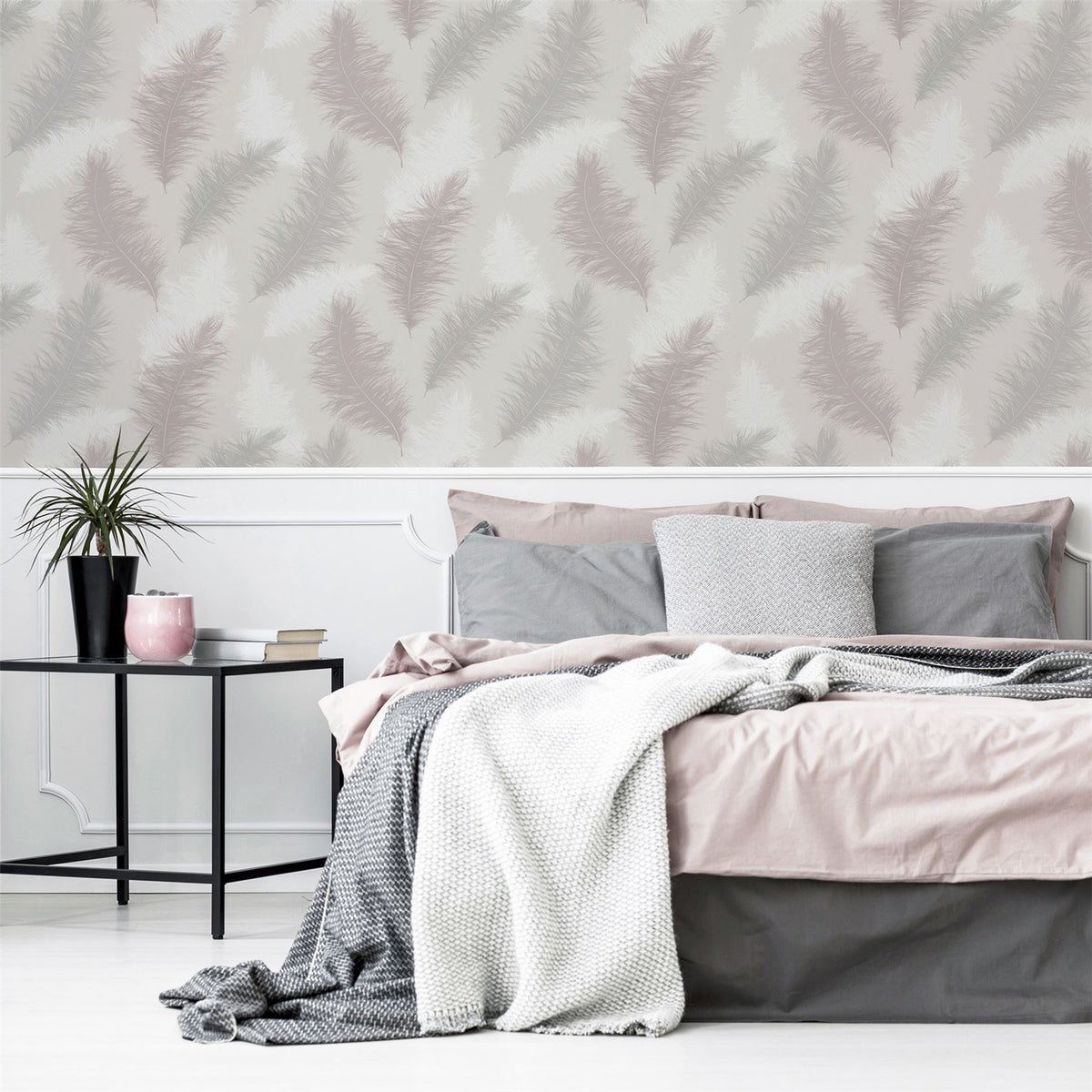 Arthouse Sussurro Wallpaper – Large-Scale Feather Design with Sparkling Gel Effect, Soft Blush Pink