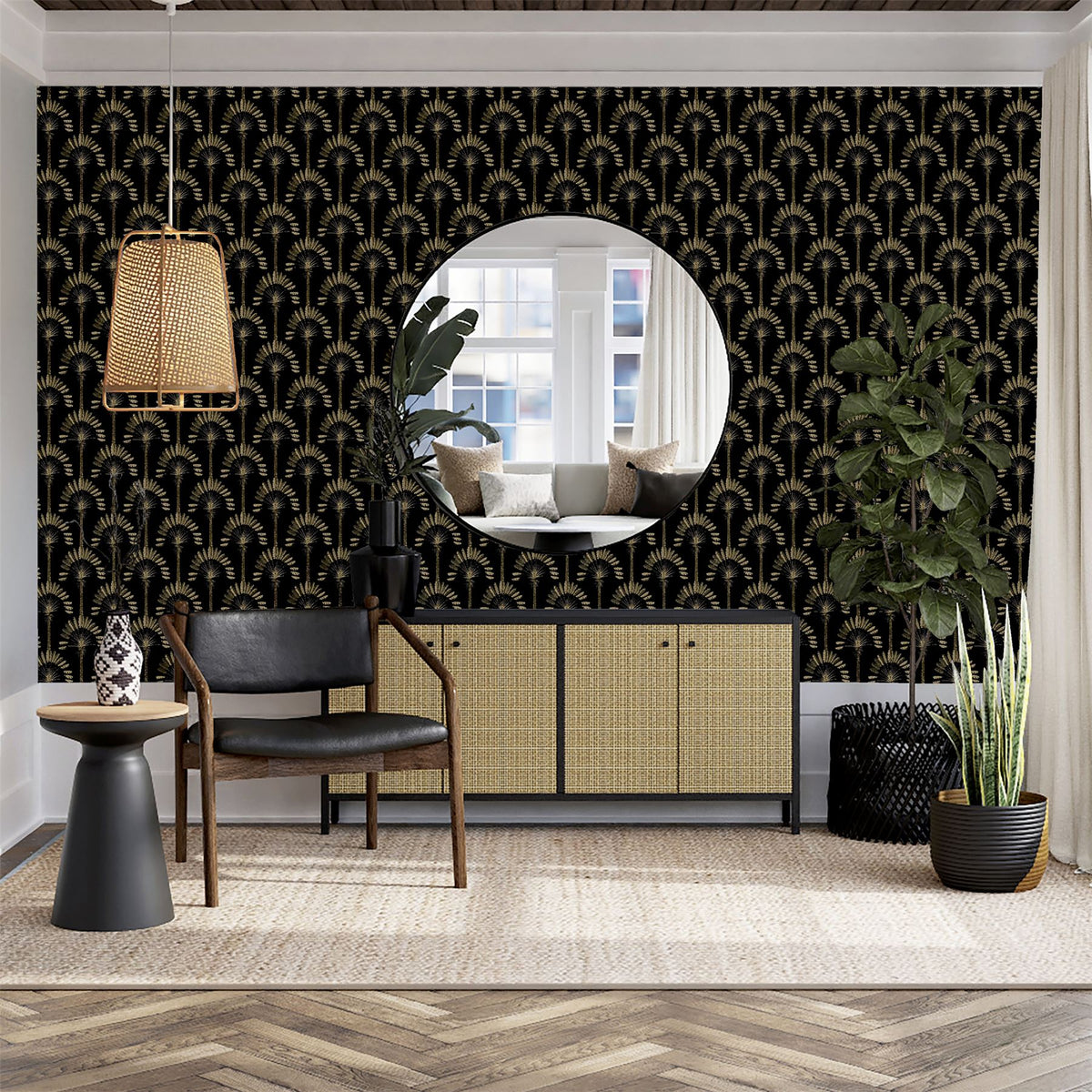 Arthouse Palm Palace Wallpaper – Gold Metallic Palms on Black, Paste the Wall Exotic Colonial Style