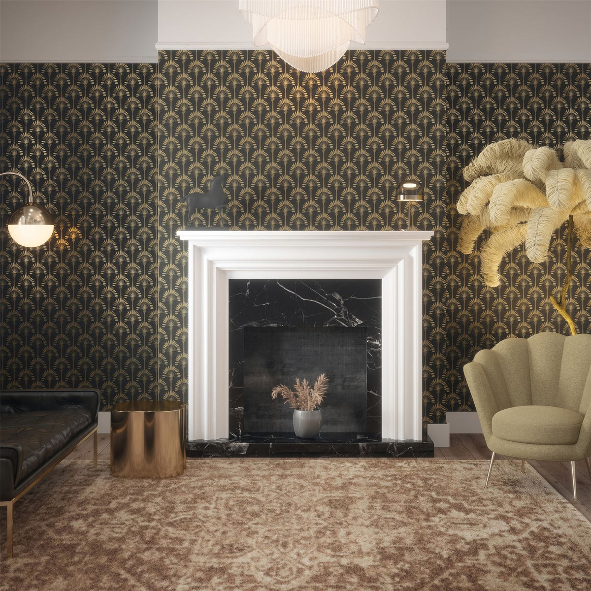 Arthouse Palm Palace Wallpaper – Gold Metallic Palms on Black, Paste the Wall Exotic Colonial Style