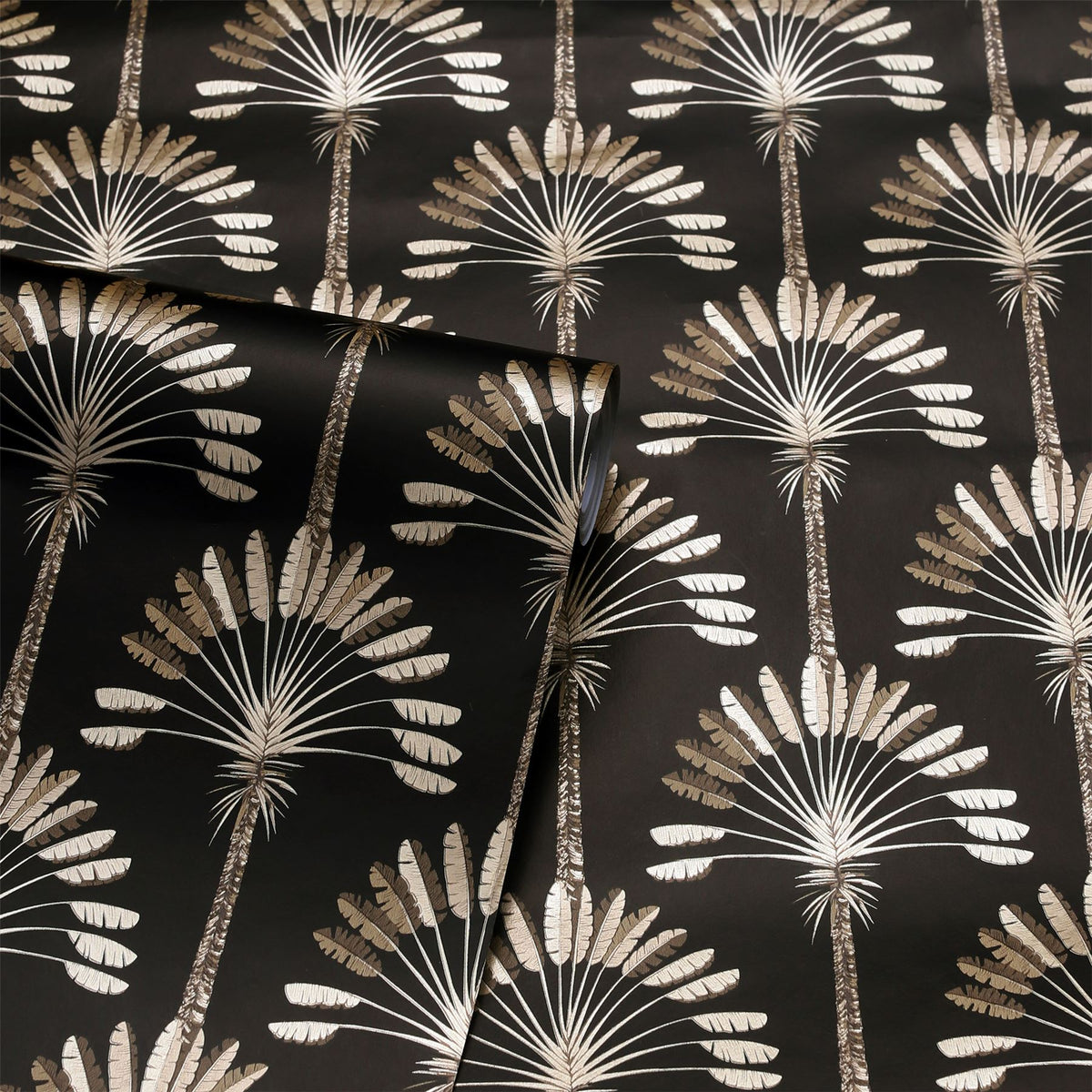 Arthouse Palm Palace Wallpaper – Gold Metallic Palms on Black, Paste the Wall Exotic Colonial Style