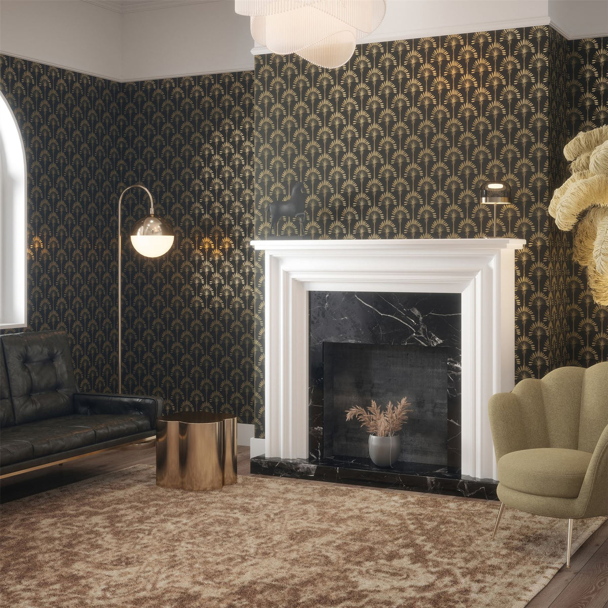 Arthouse Palm Palace Wallpaper – Gold Metallic Palms on Black, Paste the Wall Exotic Colonial Style