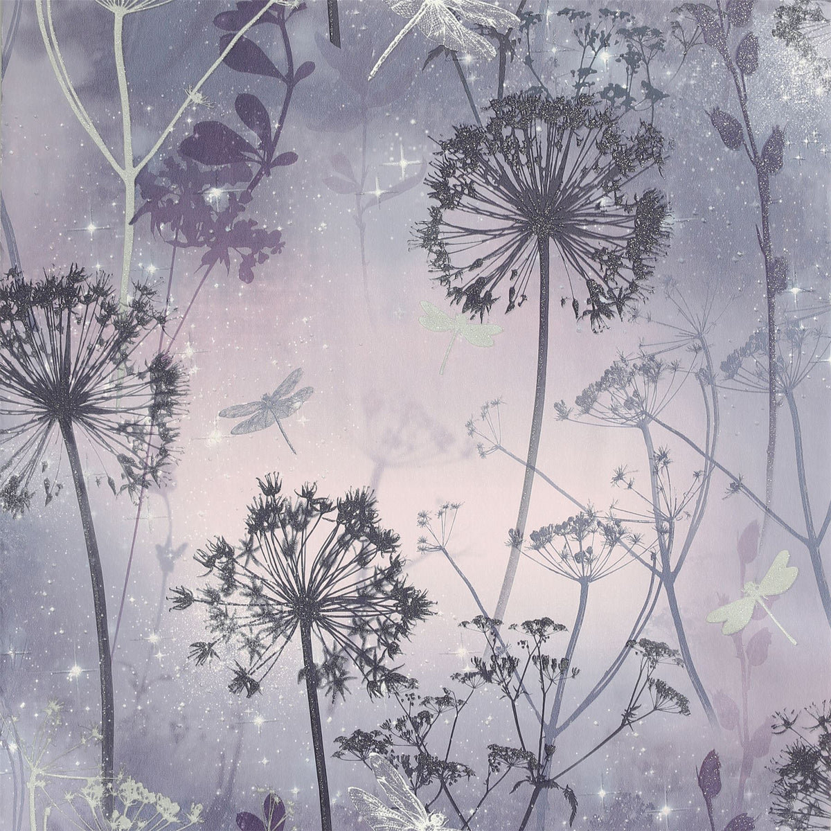 Arthouse Damselfly Wallpaper – Purple with Sparkling Damselflies, Botanical Motifs & Encased Glitter