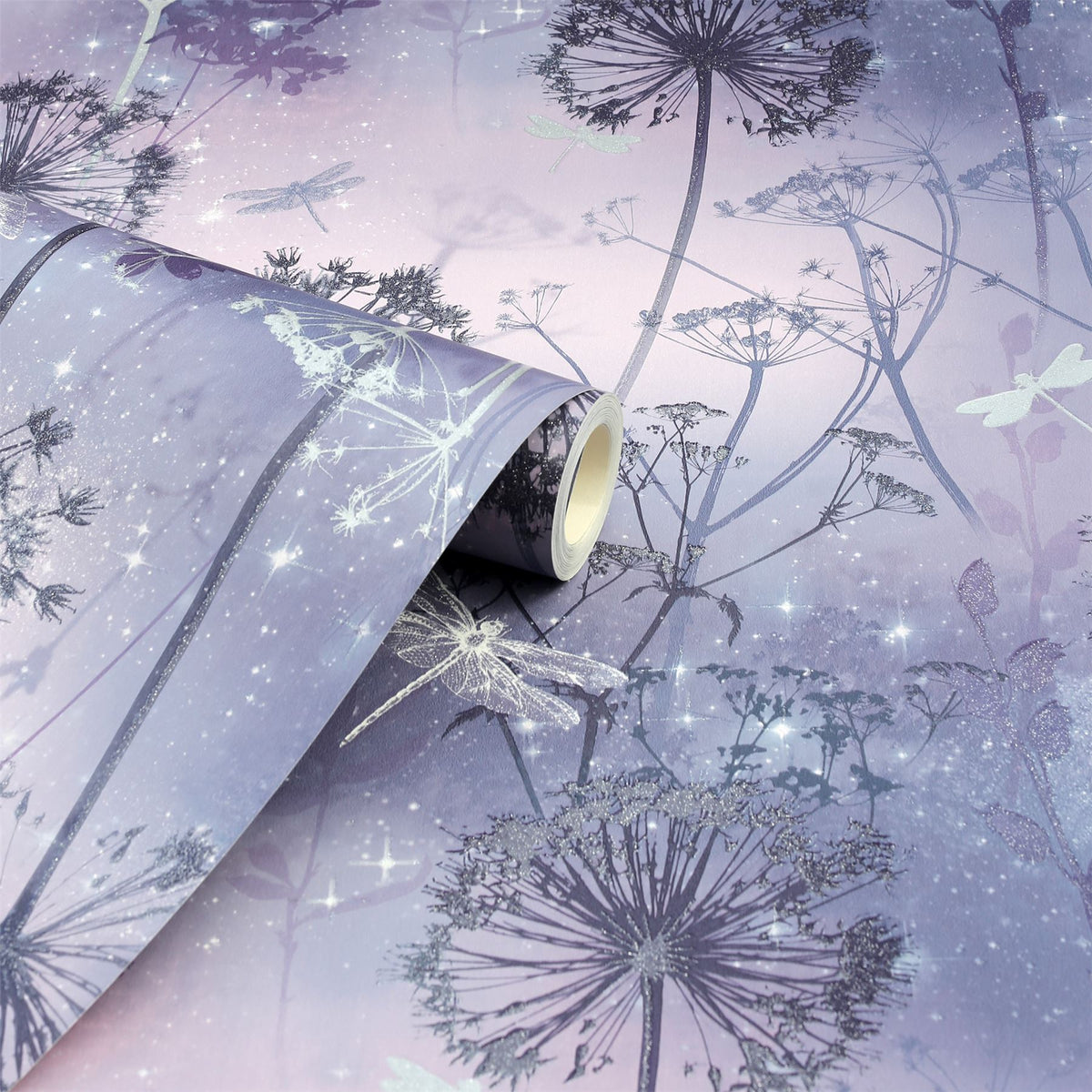 Arthouse Damselfly Wallpaper – Purple with Sparkling Damselflies, Botanical Motifs & Encased Glitter