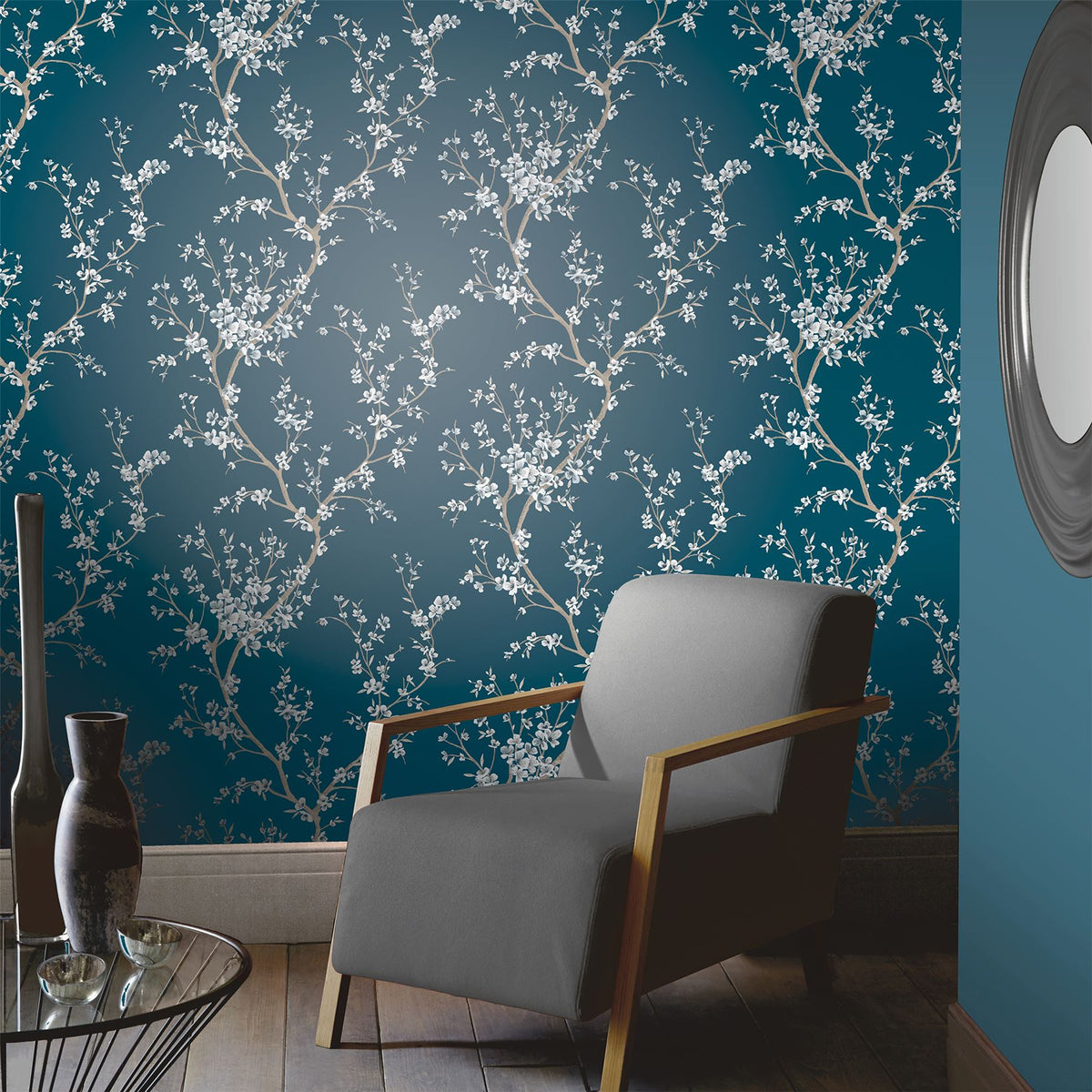 Arthouse Oriental Trail Floral Wallpaper with White Trails on Petrol Blue – Paste the Paper, Teal