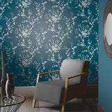 Arthouse Oriental Trail Floral Wallpaper with White Trails on Petrol Blue – Paste the Paper, Teal