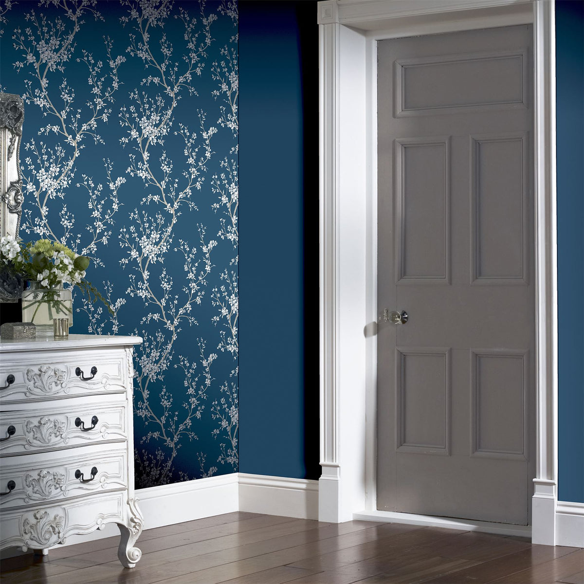 Arthouse Oriental Trail Floral Wallpaper with White Trails on Petrol Blue – Paste the Paper, Teal