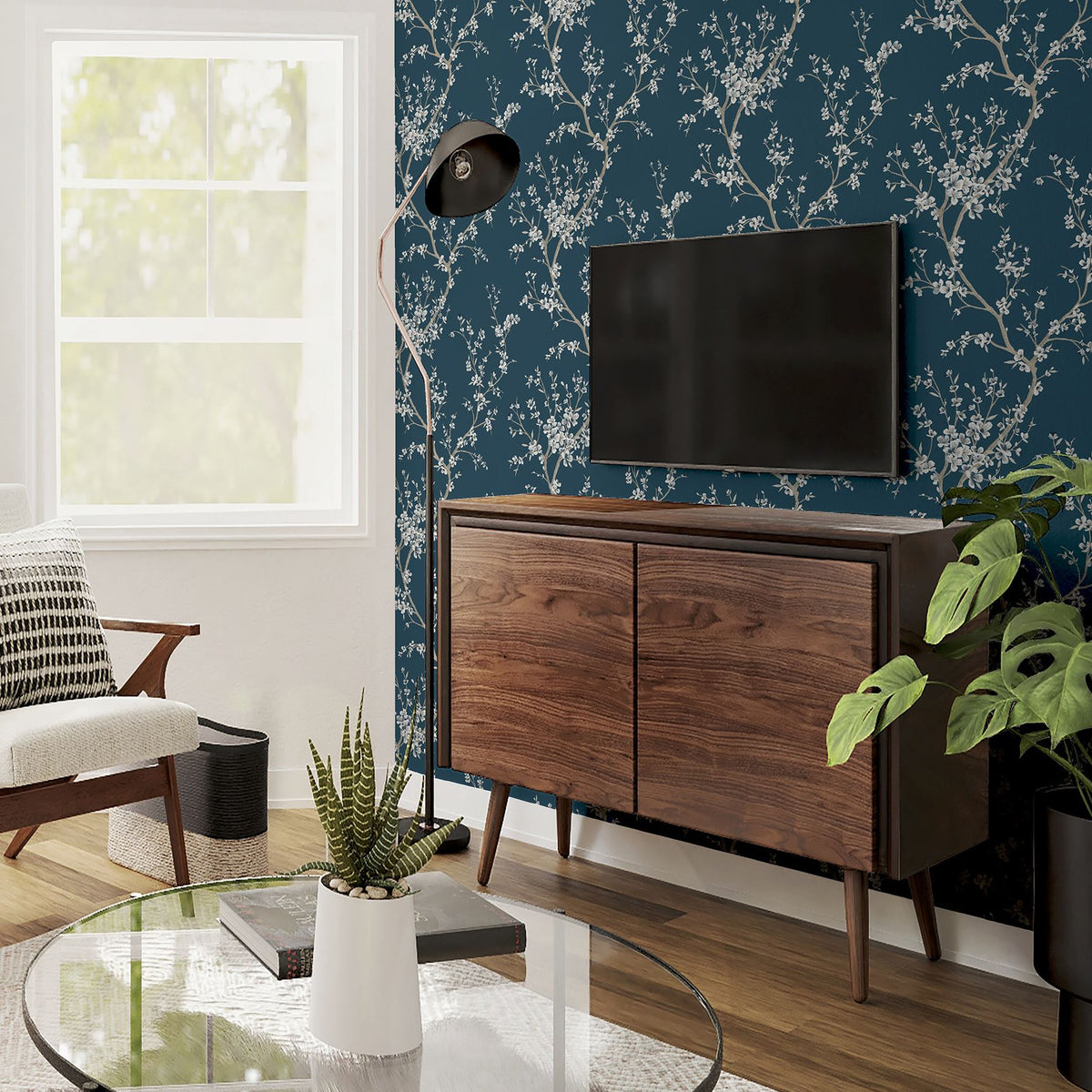 Arthouse Oriental Trail Floral Wallpaper with White Trails on Petrol Blue – Paste the Paper, Teal