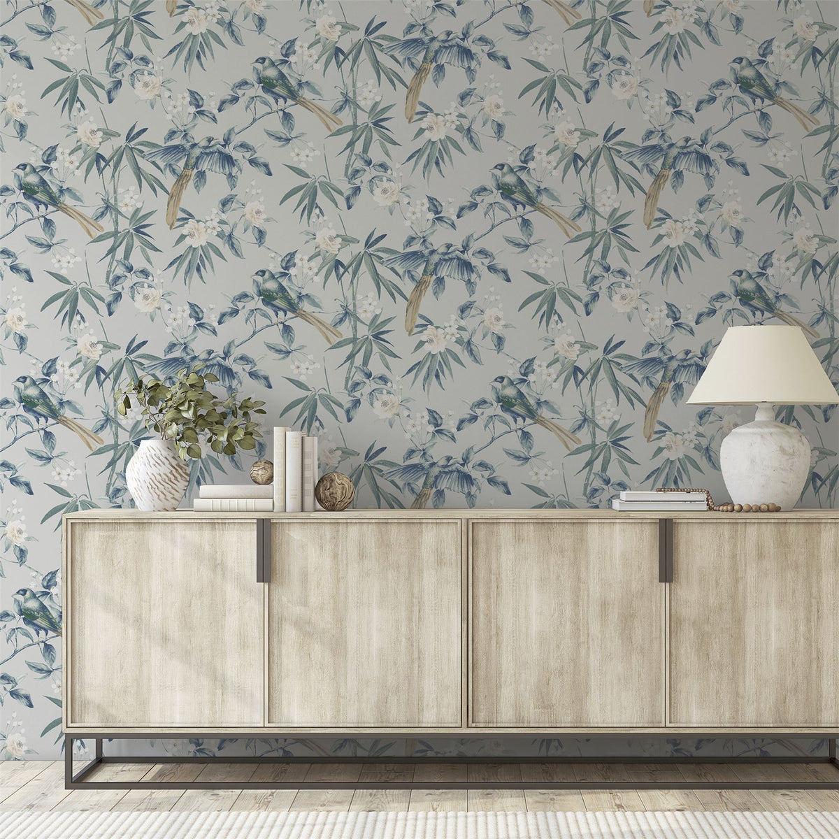 Arthouse Oriental Floral Birds Wallpaper with Blossoms & Bamboo – Paste the Paper Feature Wall, Grey and Blue