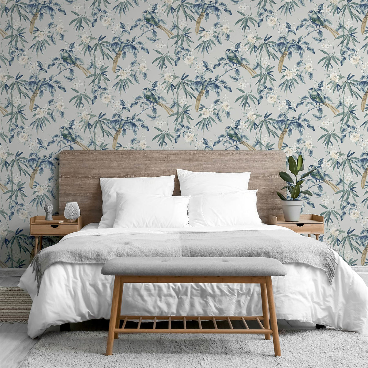 Arthouse Oriental Floral Birds Wallpaper with Blossoms & Bamboo – Paste the Paper Feature Wall, Grey and Blue