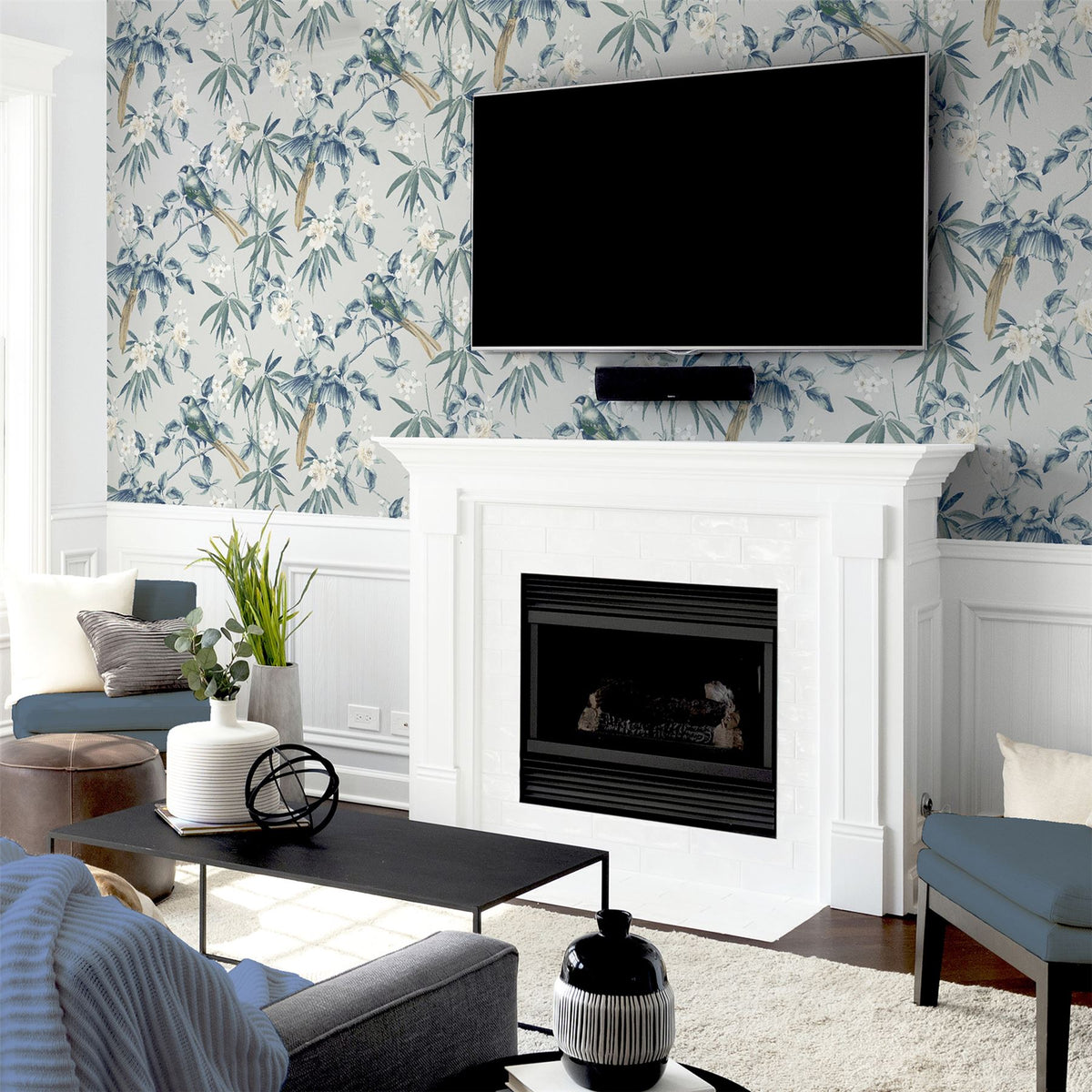 Arthouse Oriental Floral Birds Wallpaper with Blossoms & Bamboo – Paste the Paper Feature Wall, Grey and Blue