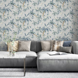 Arthouse Oriental Floral Birds Wallpaper with Blossoms & Bamboo – Paste the Paper Feature Wall, Grey and Blue