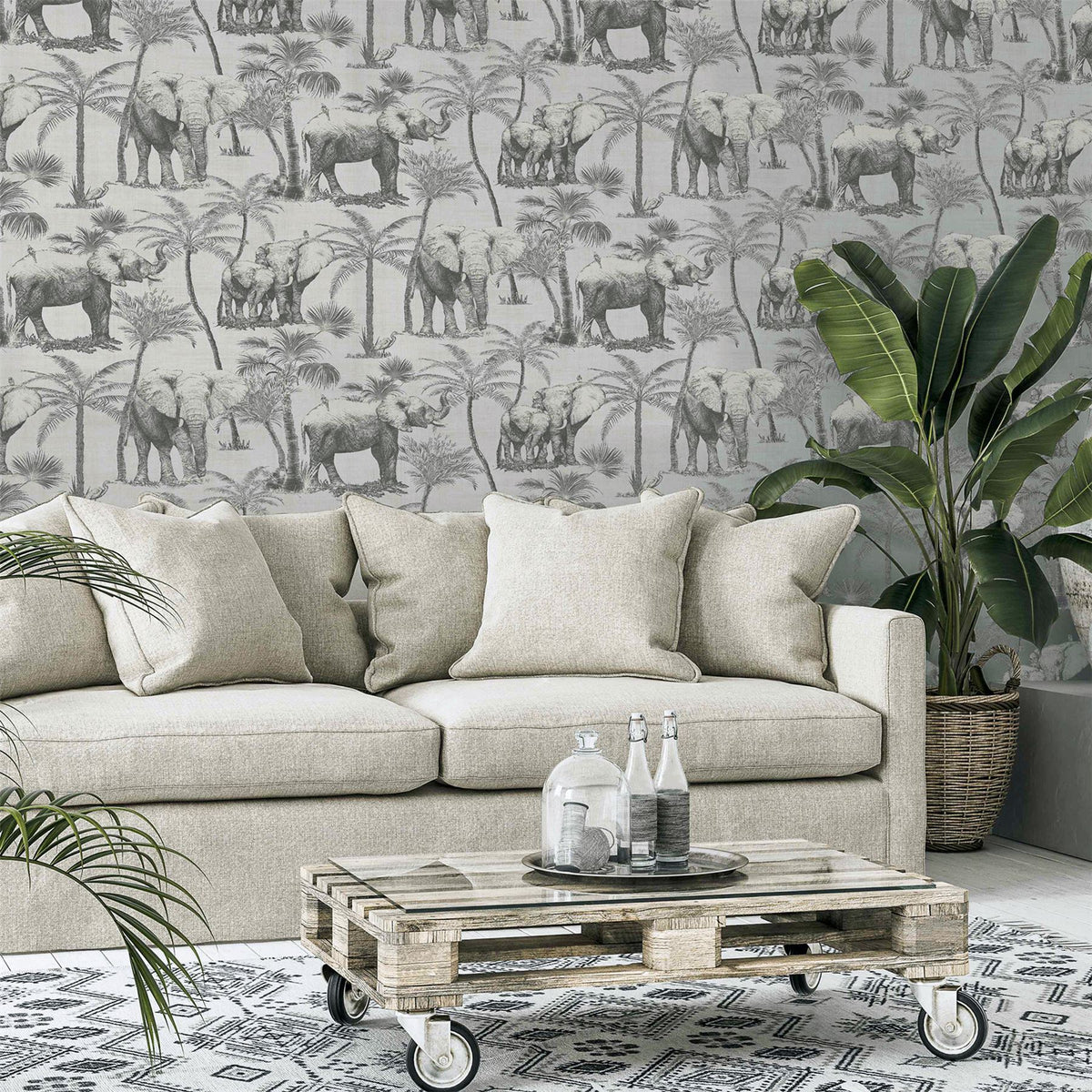 Arthouse Safari Elephant Vinyl Wallpaper with Palm Print & Linen-Look Background – Paste the Paper, Charcoal