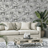 Arthouse Safari Elephant Vinyl Wallpaper with Palm Print & Linen-Look Background – Paste the Paper, Charcoal