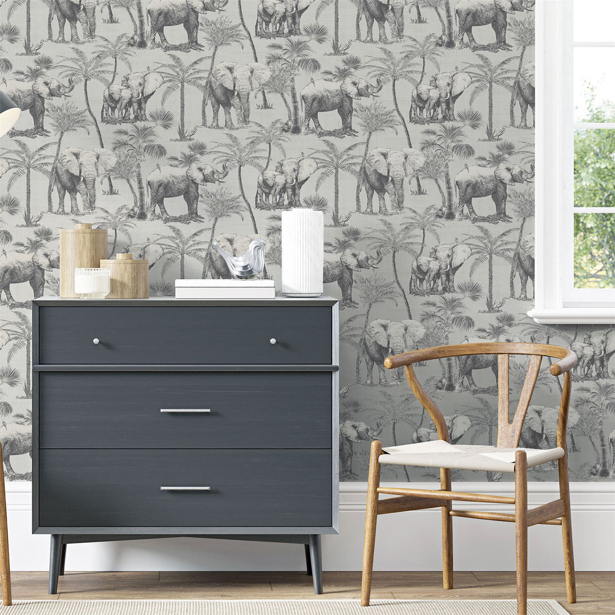 Arthouse Safari Elephant Vinyl Wallpaper with Palm Print & Linen-Look Background – Paste the Paper, Charcoal