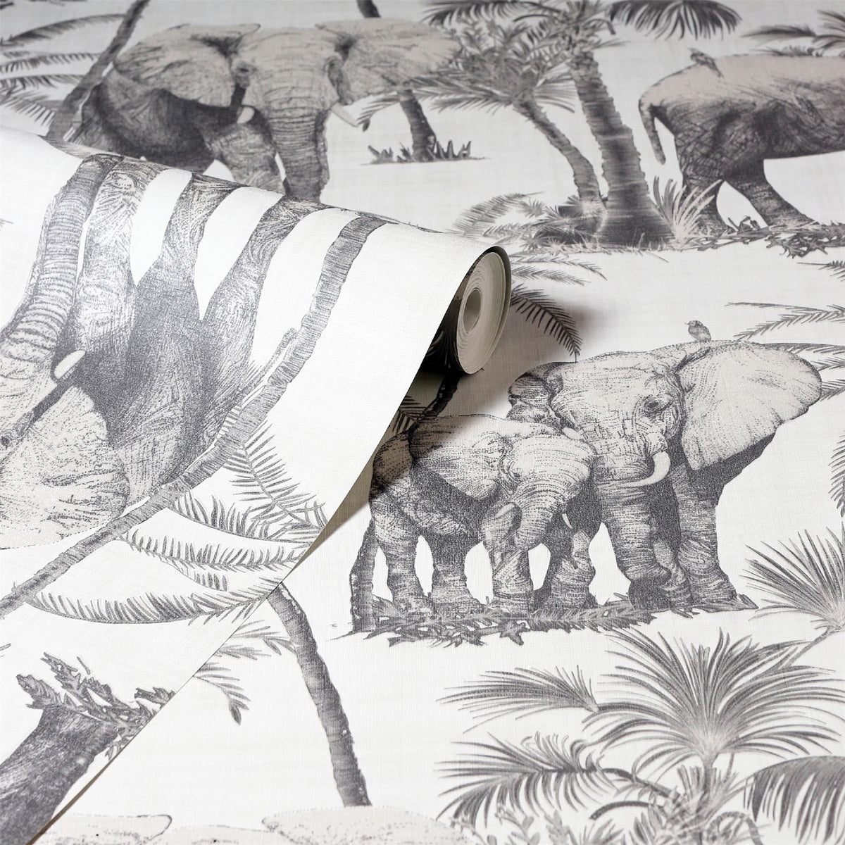Arthouse Safari Elephant Vinyl Wallpaper with Palm Print & Linen-Look Background – Paste the Paper, Charcoal