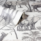 Arthouse Safari Elephant Vinyl Wallpaper with Palm Print & Linen-Look Background – Paste the Paper, Charcoal