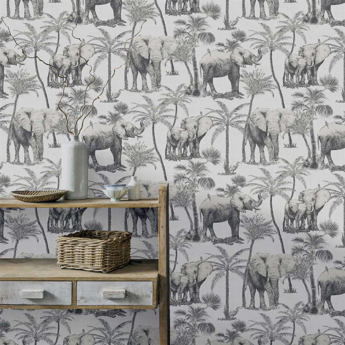 Arthouse Safari Elephant Vinyl Wallpaper with Palm Print & Linen-Look Background – Paste the Paper, Charcoal
