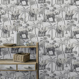 Arthouse Safari Elephant Vinyl Wallpaper with Palm Print & Linen-Look Background – Paste the Paper, Charcoal