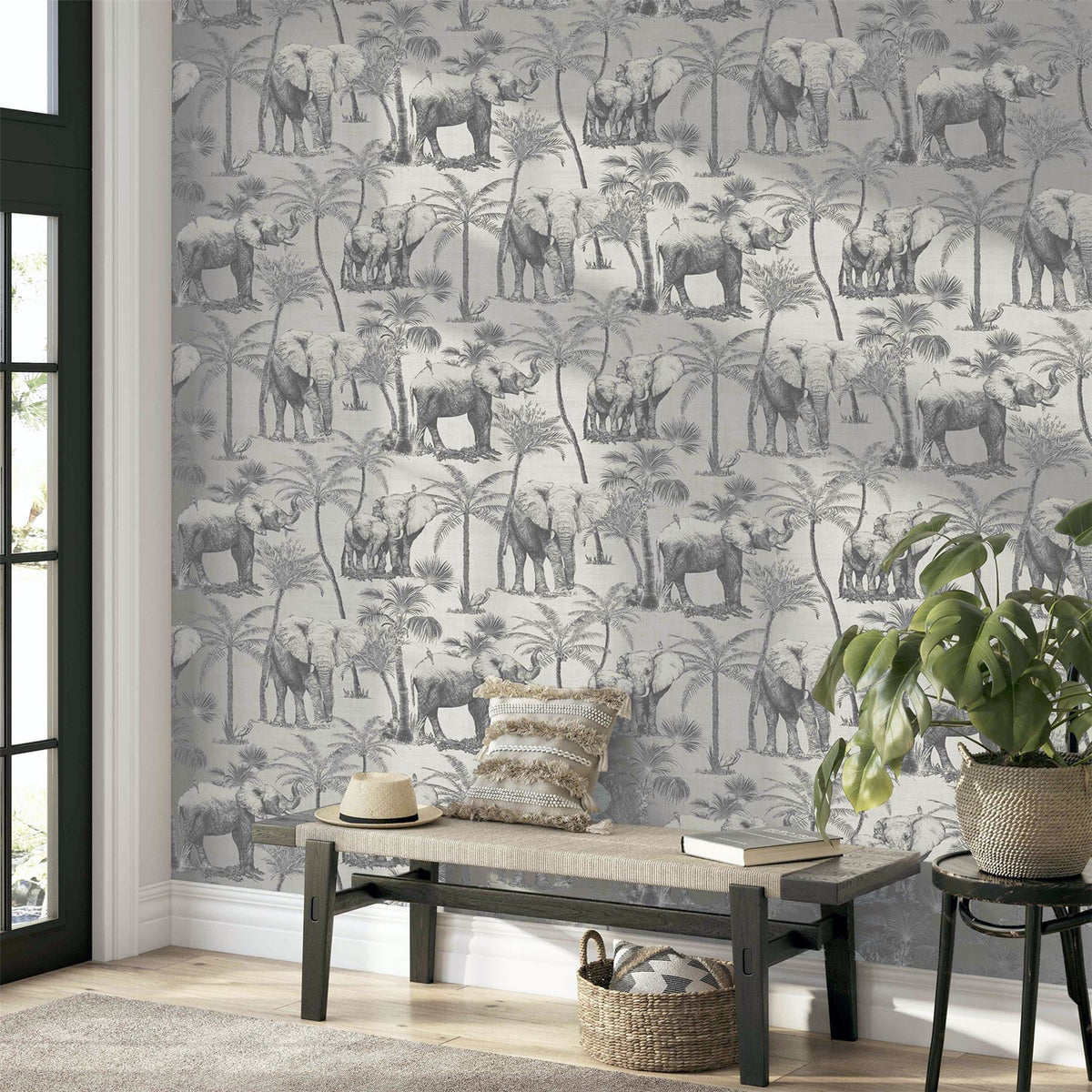 Arthouse Safari Elephant Vinyl Wallpaper with Palm Print & Linen-Look Background – Paste the Paper, Charcoal