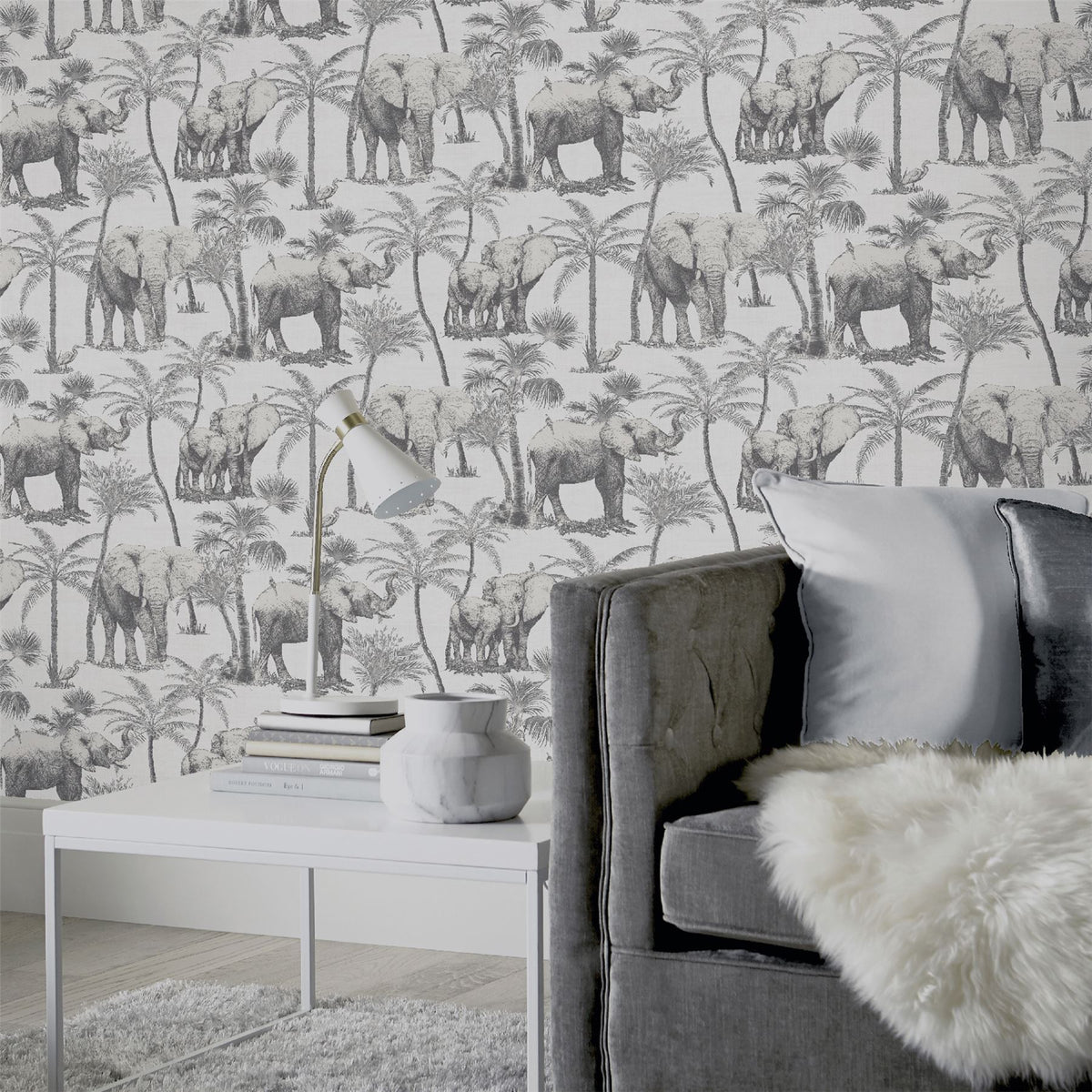 Arthouse Safari Elephant Vinyl Wallpaper with Palm Print & Linen-Look Background – Paste the Paper, Charcoal