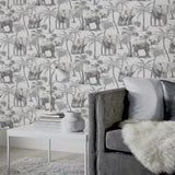 Arthouse Safari Elephant Vinyl Wallpaper with Palm Print & Linen-Look Background – Paste the Paper, Charcoal