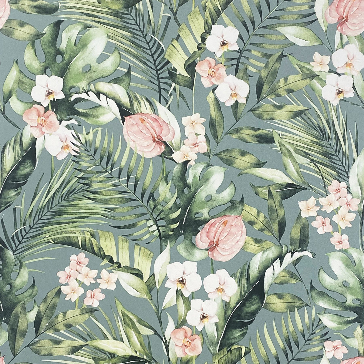 Arthouse Tropical Floral Wallpaper with Pink Flowers & Palm Leaves – Paste the Paper Feature Wall, Sea Blue