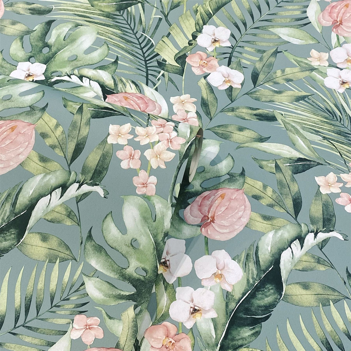 Arthouse Tropical Floral Wallpaper with Pink Flowers & Palm Leaves – Paste the Paper Feature Wall, Sea Blue