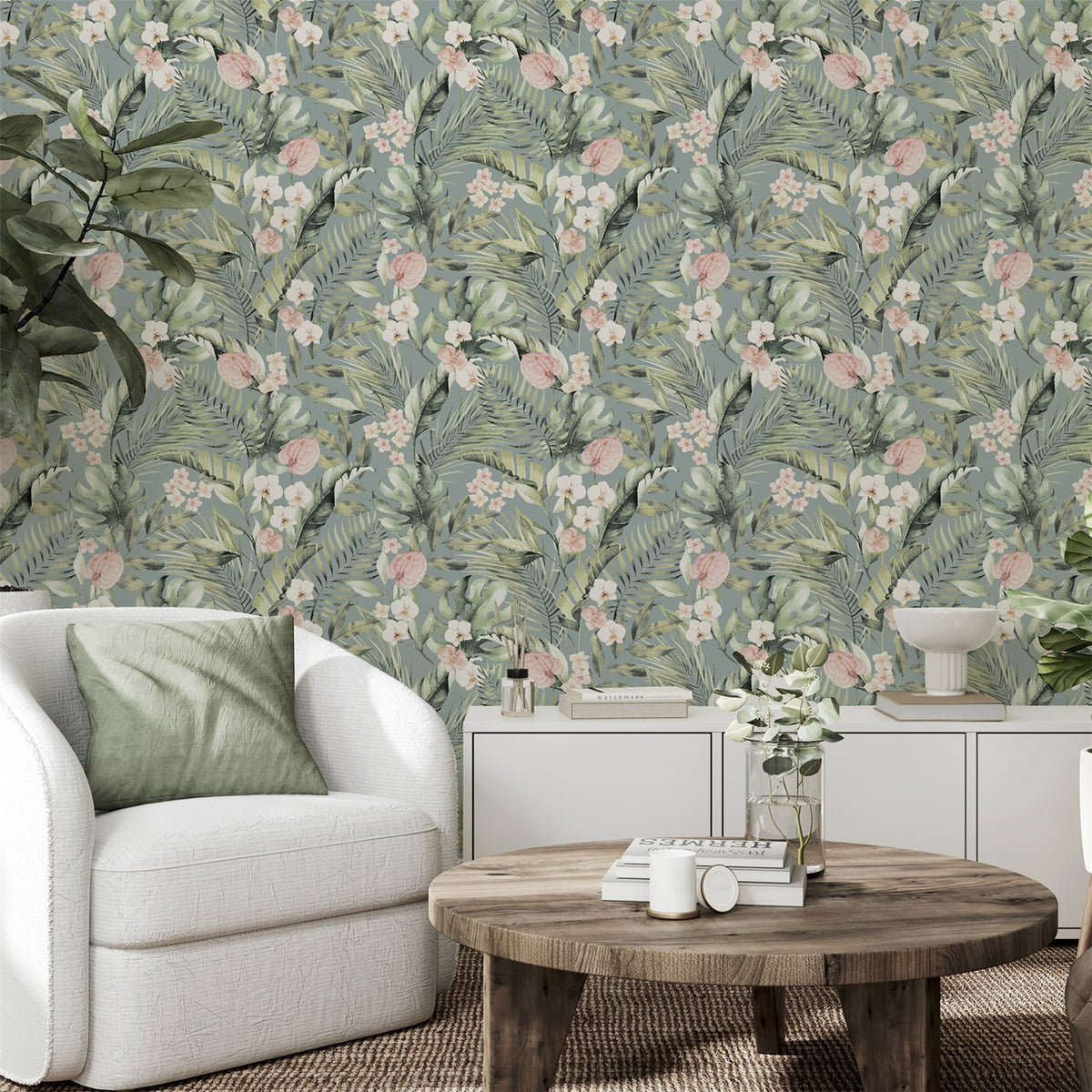 Arthouse Tropical Floral Wallpaper with Pink Flowers & Palm Leaves – Paste the Paper Feature Wall, Sea Blue