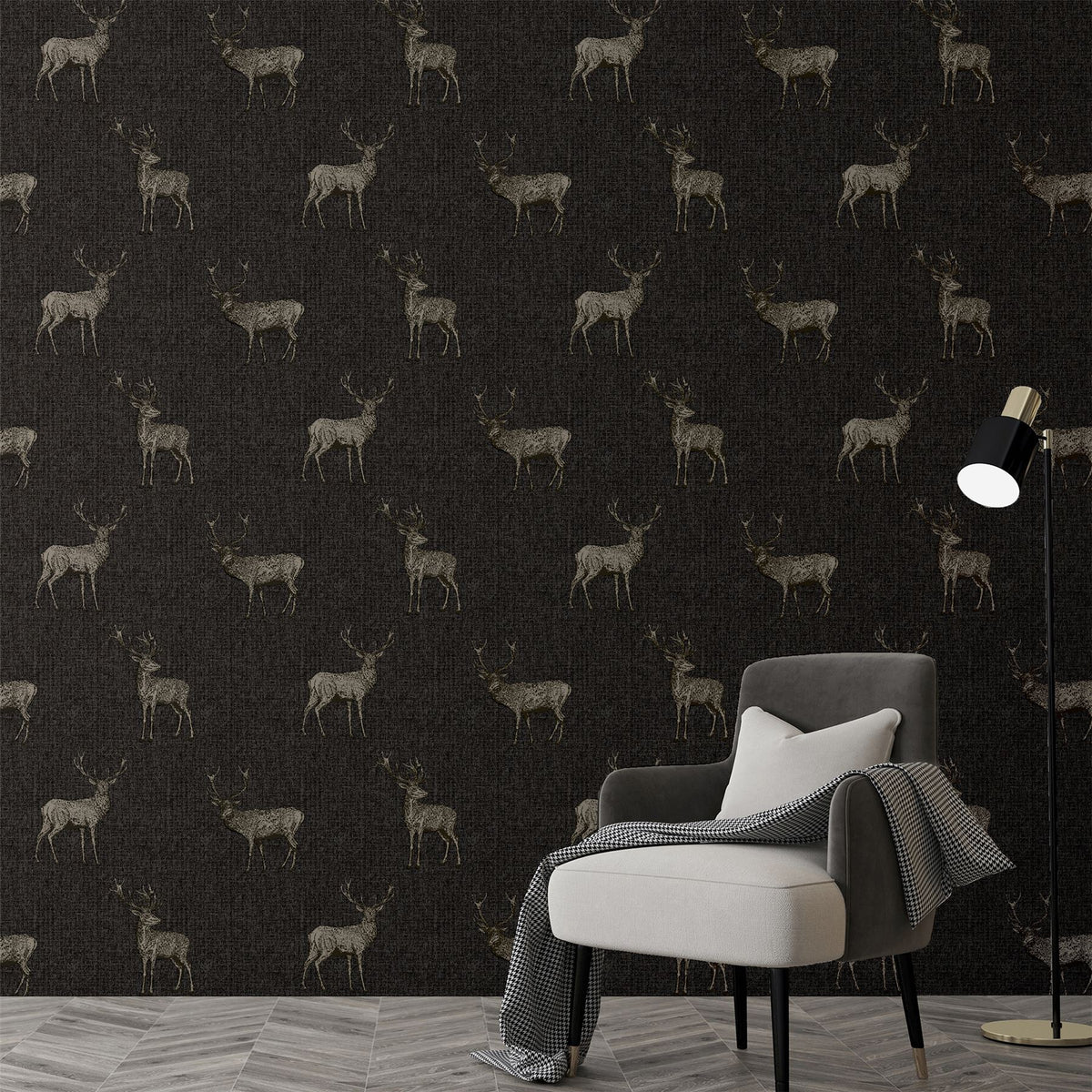 Arthouse Heritage Stag Wallpaper with Copper Metallic Highlight – Traditional Country Feature Wall, Charcoal