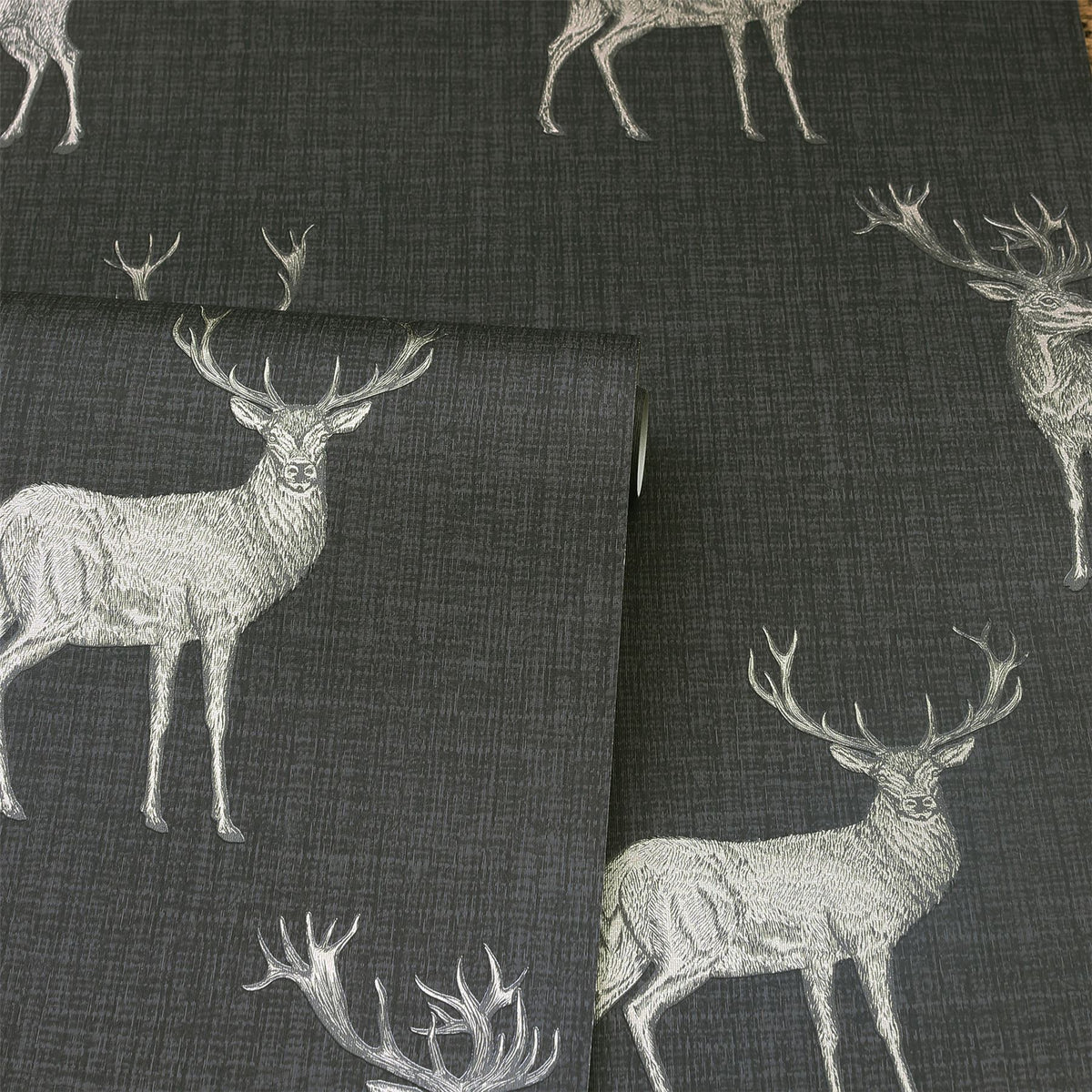 Arthouse Heritage Stag Wallpaper with Copper Metallic Highlight – Traditional Country Feature Wall, Charcoal