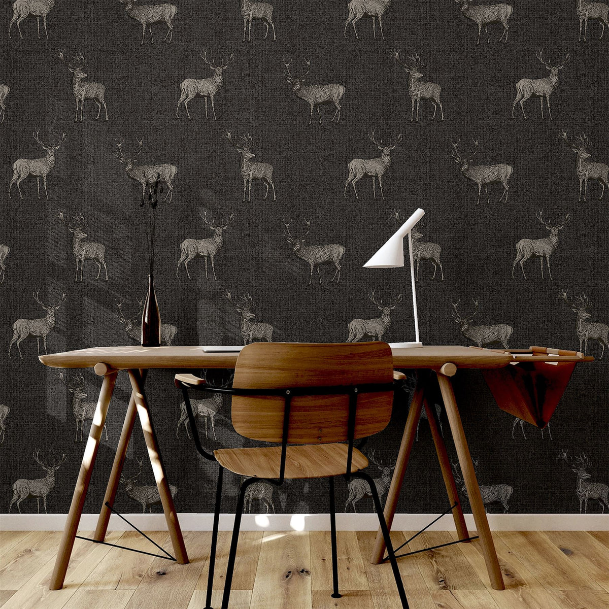 Arthouse Heritage Stag Wallpaper with Copper Metallic Highlight – Traditional Country Feature Wall, Charcoal