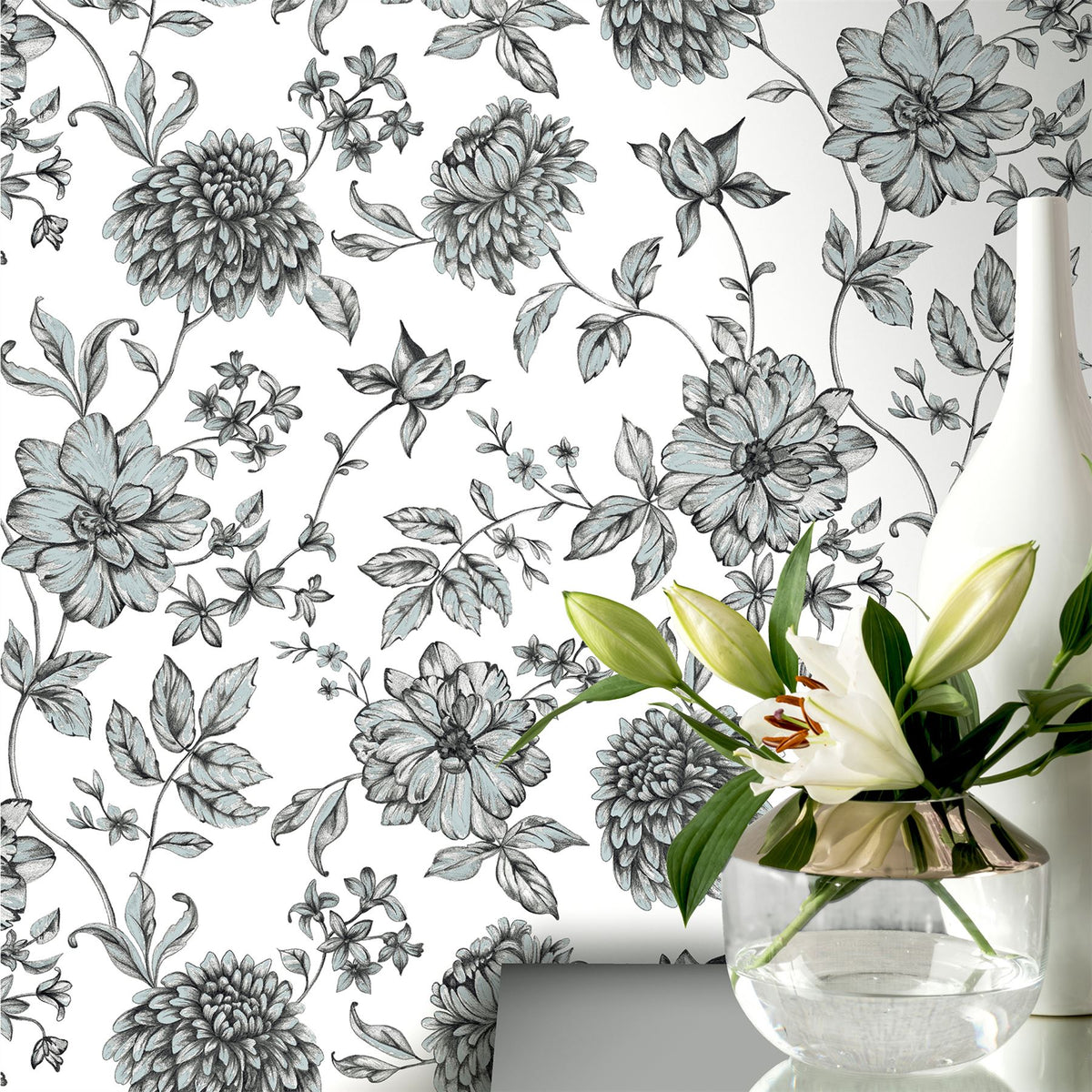 Arthouse Fleur Mono Wallpaper with Pencil Drawn Florals and Glitter Finish – Country Feature Wall, Light Cream