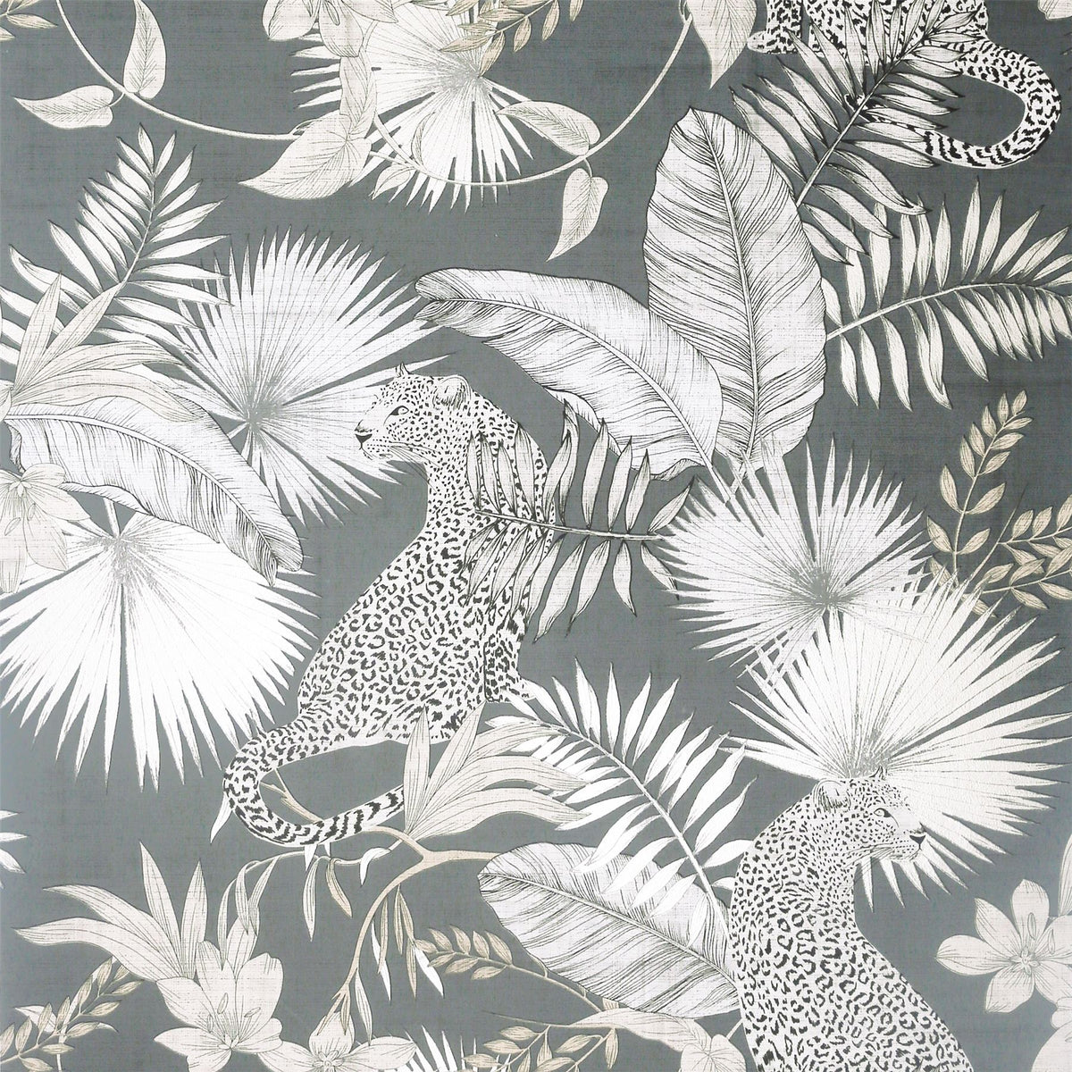 Arthouse Tropical Leopard Wallpaper with Soft Metallic Sheen – Jungle Feature Wall on Dark Background, Neutral