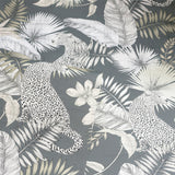 Arthouse Tropical Leopard Wallpaper with Soft Metallic Sheen – Jungle Feature Wall on Dark Background, Neutral