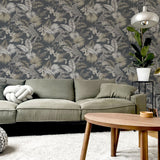 Arthouse Tropical Leopard Wallpaper with Soft Metallic Sheen – Jungle Feature Wall on Dark Background, Neutral