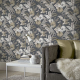 Arthouse Tropical Leopard Wallpaper with Soft Metallic Sheen – Jungle Feature Wall on Dark Background, Neutral