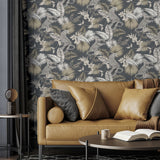 Arthouse Tropical Leopard Wallpaper with Soft Metallic Sheen – Jungle Feature Wall on Dark Background, Neutral