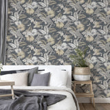 Arthouse Tropical Leopard Wallpaper with Soft Metallic Sheen – Jungle Feature Wall on Dark Background, Neutral
