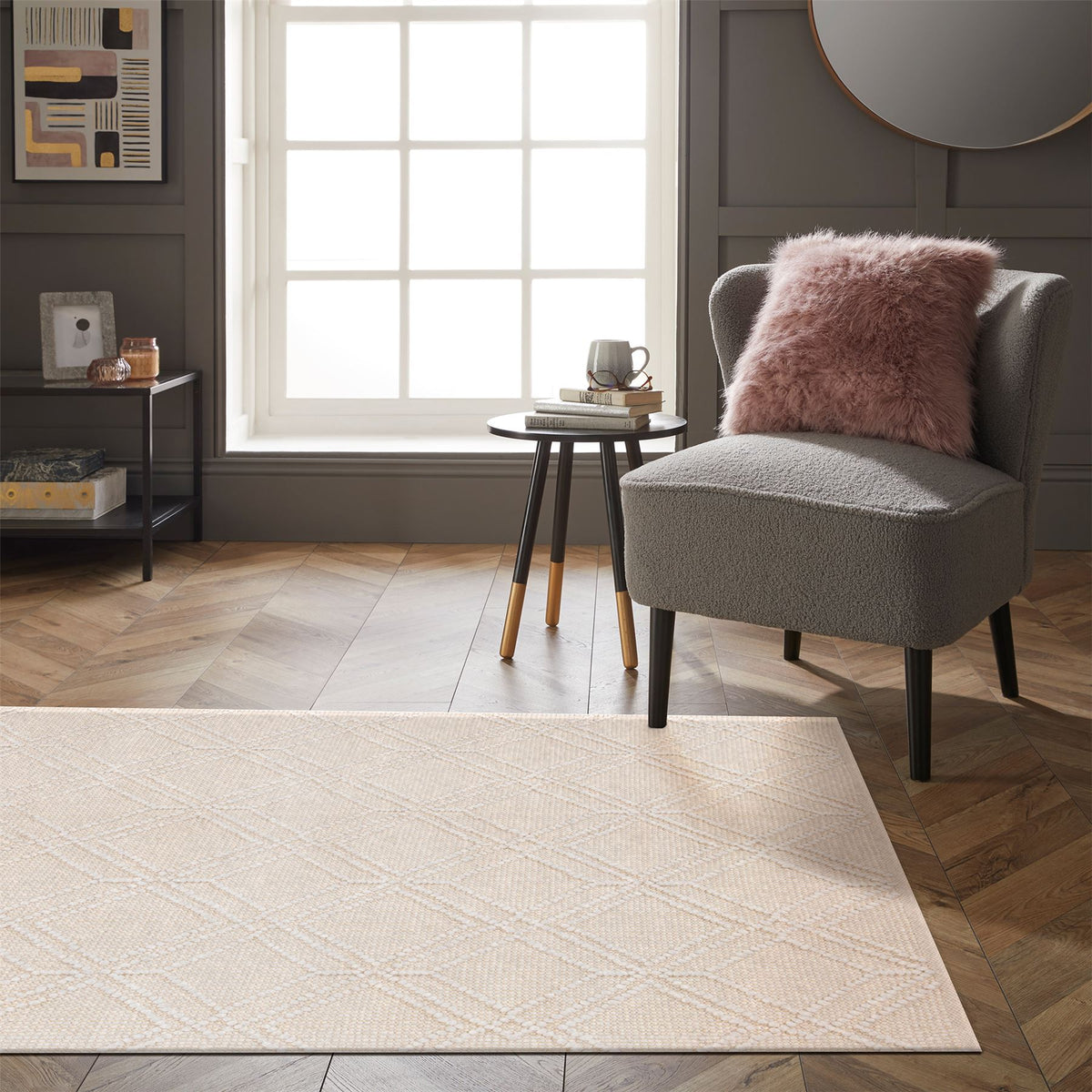 Esselle Home Blenheim Diamond Recycled Indoor/Outdoor Rug, 120 x 170cm – Hand Woven from Plastic Bottles, Cream