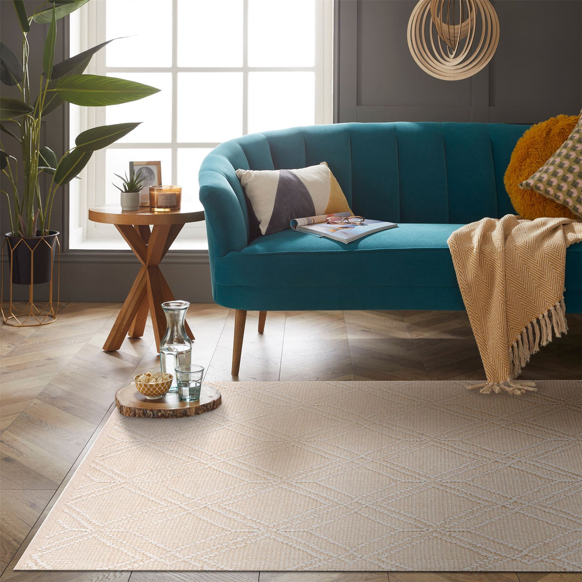 Esselle Home Blenheim Diamond Recycled Indoor/Outdoor Rug, 120 x 170cm – Hand Woven from Plastic Bottles, Cream