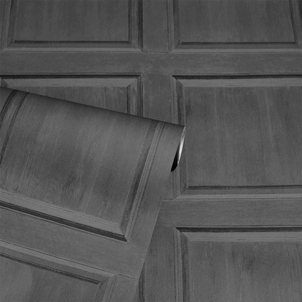 Arthouse Washed Panel Wallpaper with Wood Grain Detail – Faux Panelling Feature Wall Look, Charcoal