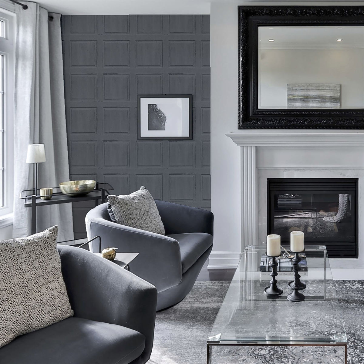 Arthouse Washed Panel Wallpaper with Wood Grain Detail – Faux Panelling Feature Wall Look, Charcoal