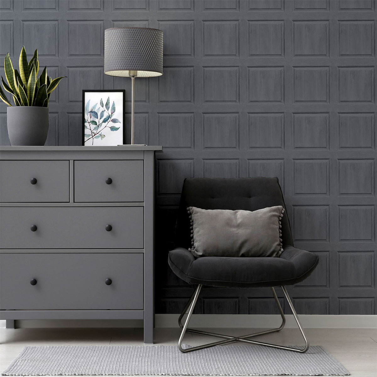 Arthouse Washed Panel Wallpaper with Wood Grain Detail – Faux Panelling Feature Wall Look, Charcoal