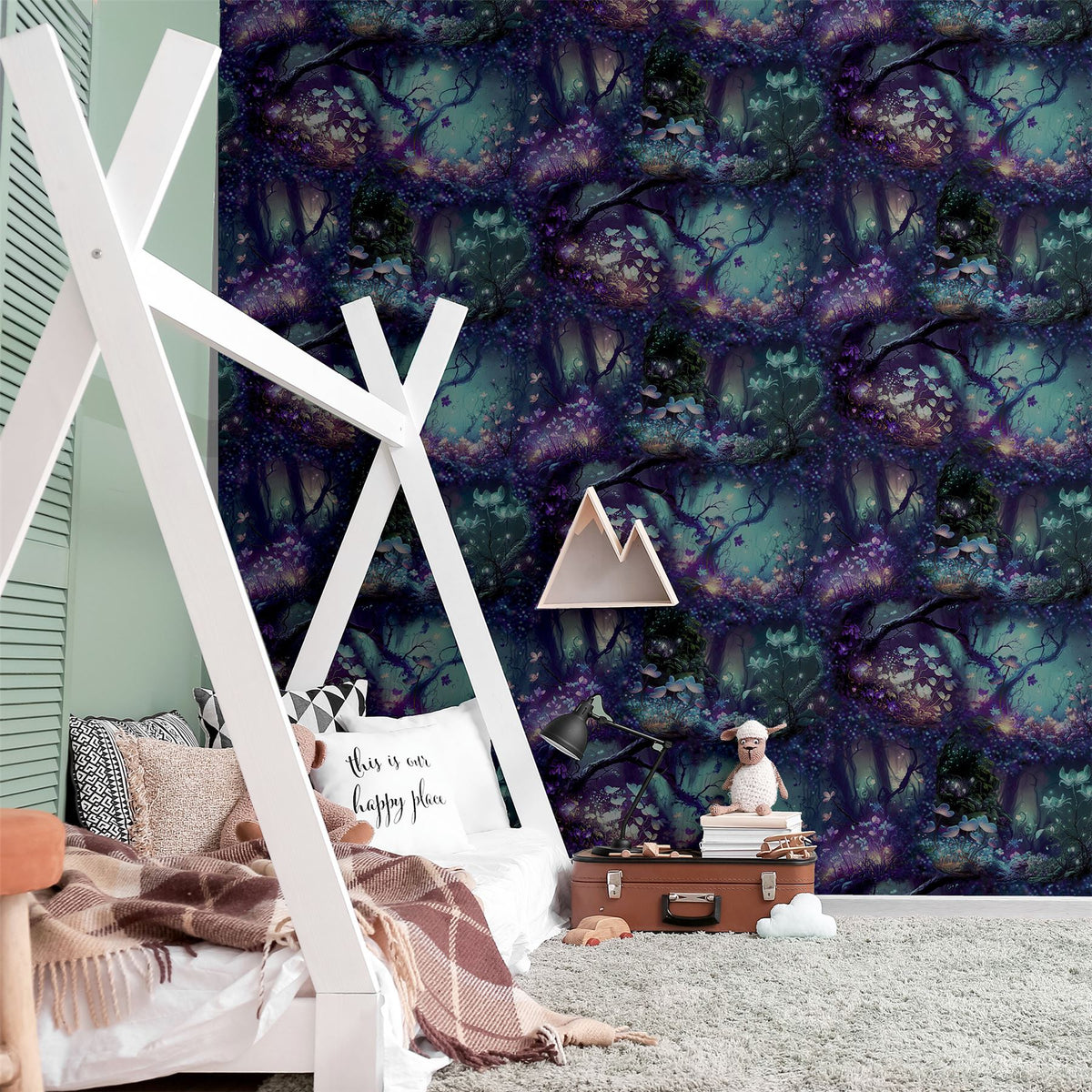 Arthouse Magical Garden Wallpaper with Neon Folk Forest Design – Kids Room Feature Wall, Black Multi