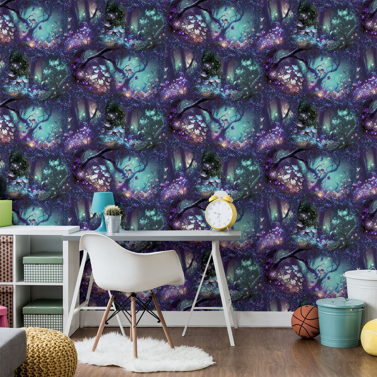 Arthouse Magical Garden Wallpaper with Neon Folk Forest Design – Kids Room Feature Wall, Black Multi
